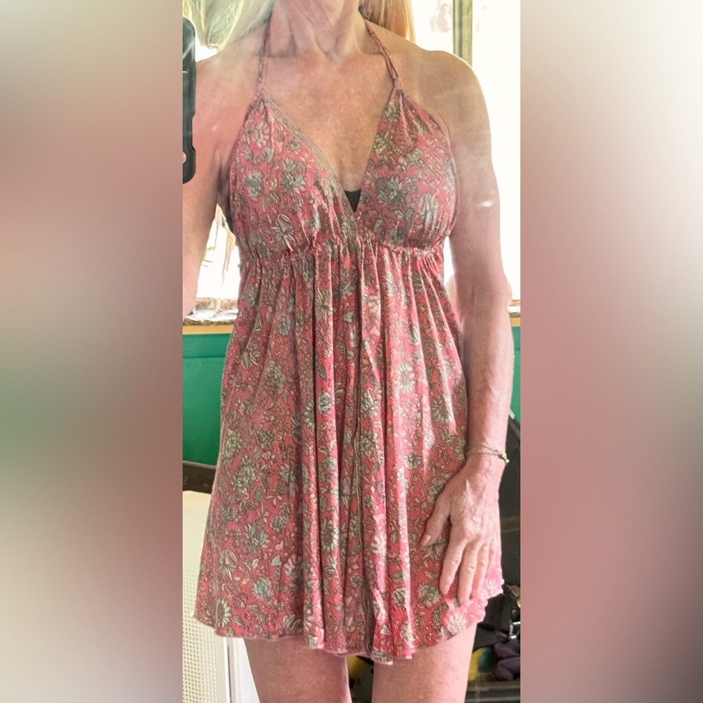 Karma Highway Boho Floral Halter Backless Short Sun Dress - Pink Green